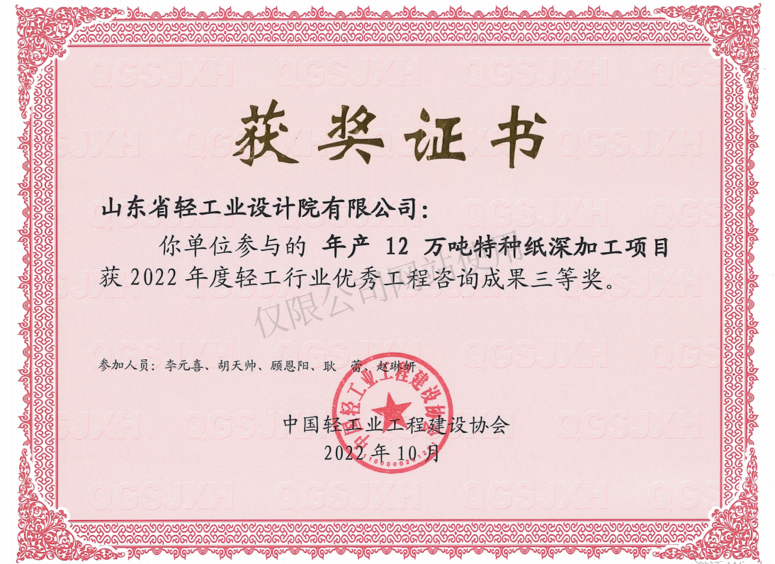 2022年產(chǎn)12萬噸特種紙深加工項目三等獎_副本